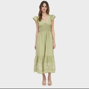 August Sky women’s Deep V neck Ruffle Sleeve smocked waist dress  Sz Small (#1)